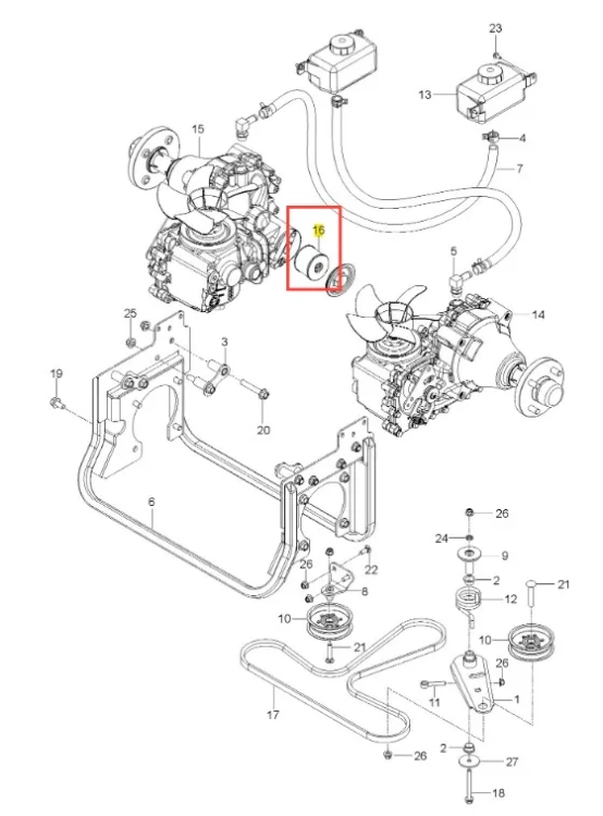 Zestaw części do kosiarki Husqvarna Z560X z detalem nr 16, okrągłym metalowym elementem z otworami mocującymi, na białym tle mechanizm silnika i inne części.