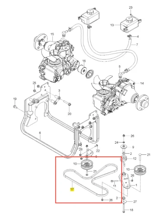 Pasek kosiarki o zerowym promieniu skrętu Z560X Husqvarna w zbliżeniu, ukazujący elastyczną, teksturowaną powierzchnię. Widoczny kształt w formie litery S, w kolorze czarnym z oznaczeniami. Stan nowy, bez elementów dodatkowych.