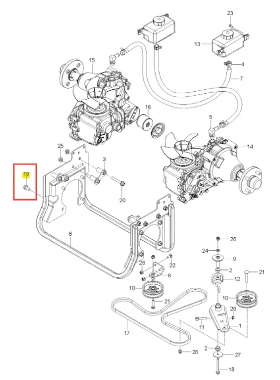 Śruba kosiarki Z560X Husqvarna, metalowa, w kolorze srebrnym, z gwintem o standardowej długości. Widoczna z boku, na tle części silnika i ramy urządzenia. Szczegółowy widok na główkę śruby z oznaczeniem numerycznym 19.