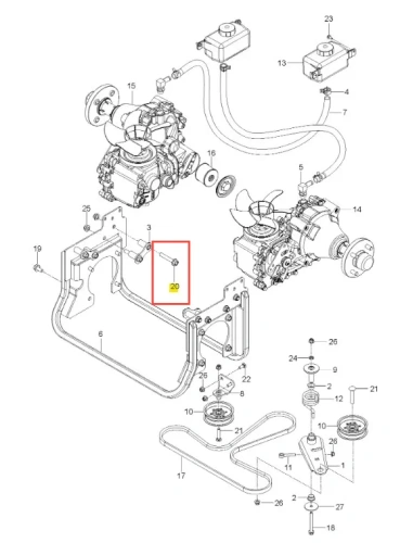 Metalowa śruba kosiarki Husqvarna Z560X z gwintem i okrągłą główką, mocno łącząca się z ramą silnika; widoczna z przodu na białym tle dla lepszej widoczności.