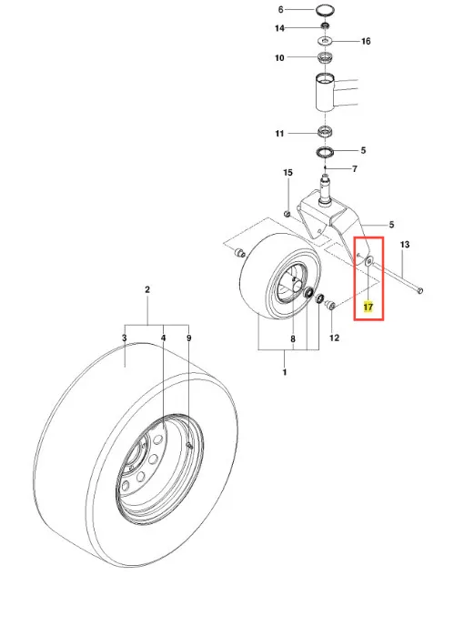 Podkładka kosiarki o zerowym promieniu skrętu PZ 29 Husqvarna w wersji technicznej. Część mechanizmu z identyfikatorem 17, przedstawiona na rysunku montażowym z boku, ułożona w płaskiej pozycji obok koła, z widocznym gładkim wykończeniem.