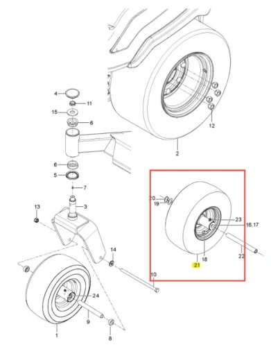 Koło kosiarki Z560X Husqvarna, przód, zerowy promień skrętu, gumowy bieżnik, metalowa obręcz, mocowanie ze śrubą, białe z ciemnymi akcentami, do użytku ogrodowego.