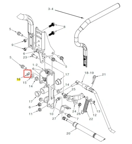 Skrętna oś do kosiarki Husqvarna Z448, metalowa, z zaznaczoną częścią 16. Element w układzie mechanicznym, widoczny w perspektywie frontalnej. Wykonana z metalu, z numerowanymi detalami i mocowaniami, na planie technicznym.