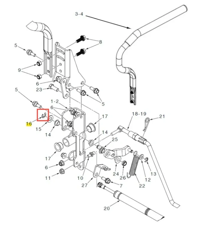 Skrętna oś do kosiarki Husqvarna Z448, metalowa, z zaznaczoną częścią 16. Element w układzie mechanicznym, widoczny w perspektywie frontalnej. Wykonana z metalu, z numerowanymi detalami i mocowaniami, na planie technicznym.