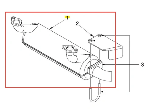 Rura wydechowa kosiarki Husqvarna Z454X, wykonana z metalu, ma prostokątny kształt. Ujęcie z boku pokazuje obie końcówki wydechowe oraz mocowania. Widać wyraźne detale konstrukcyjne, jak otwory na śruby i uchwyty, na białym tle.
