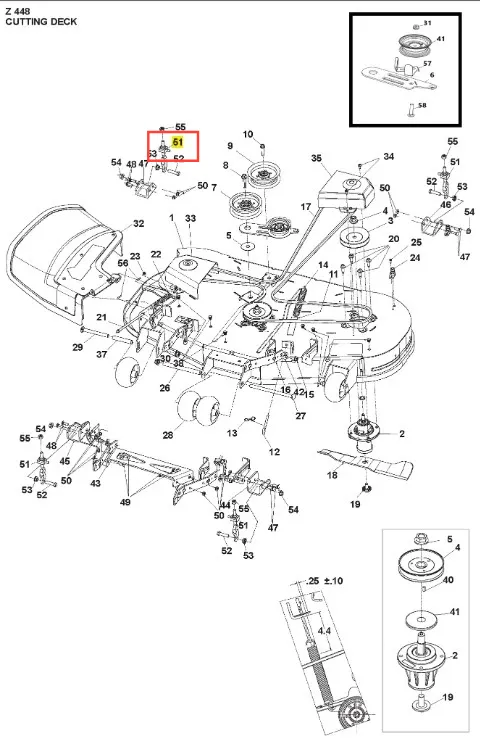 Łącznik zawieszenia kosiarki Husqvarna Z448 o zerowym promieniu skrętu z numerem 51, pokazany na rysunku technicznym, służy do łączenia elementów. Proste tło.