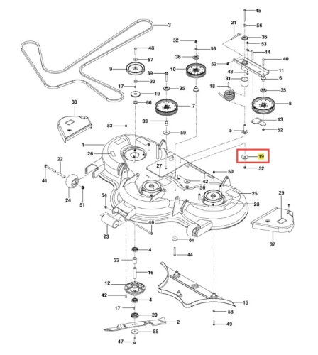 Podkładka kosiarki PZ 29D Husqvarna, czarna, okrągła, z tworzywa sztucznego, z dwoma otworami montażowymi i czerwonym numerem 19, widoczna z góry na białym tle.