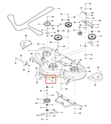 Oś rolki kosiarki Husqvarna PZ 29D o zerowym promieniu skrętu, metalowa, prostokątna, z numerem '46' w żółtym. Widok z góry na schemacie części zamiennych.