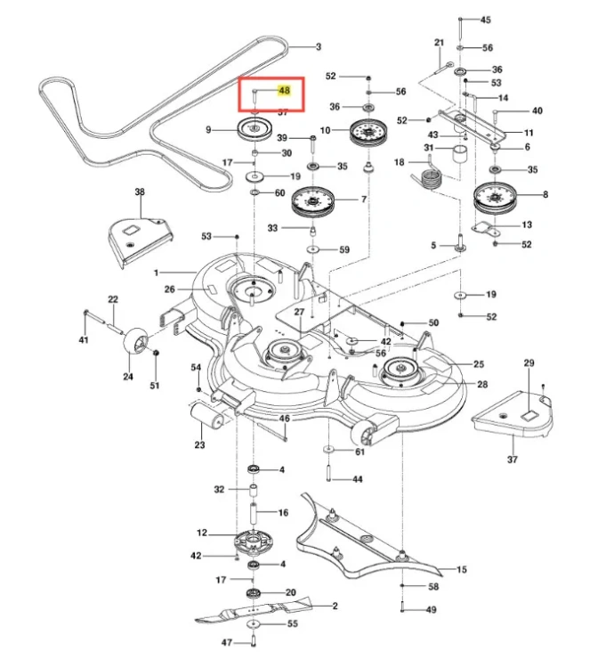 Śruba kosiarki o zerowym promieniu skrętu PZ 29D Husqvarna, metalowa, w kolorze srebrnym, widoczna w części schematu z oznaczeniem 48. Zbliżenie na detal produktu, ukazujące gwint oraz główkę w kształcie stożka, otoczona innymi elementami.