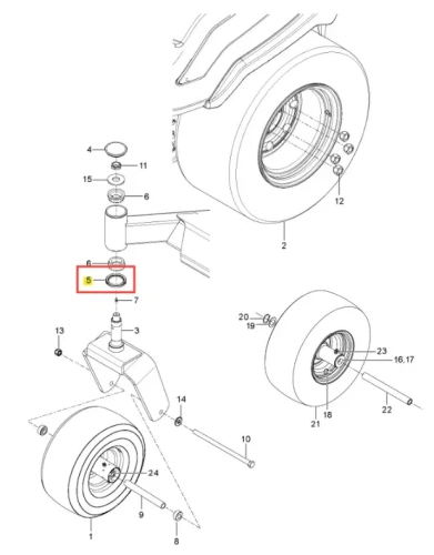 Uszczelniacz kosiarki Husqvarna Z560X, okrągły, elastyczny, widoczny w zbliżeniu w zestawie montażowym z oznaczeniem numeru '5' i detalami mocowania na neutralnym tle.
