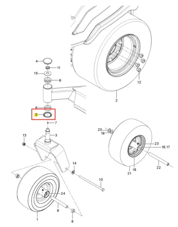 Uszczelniacz kosiarki Husqvarna Z560X, okrągły, elastyczny, widoczny w zbliżeniu w zestawie montażowym z oznaczeniem numeru '5' i detalami mocowania na neutralnym tle.