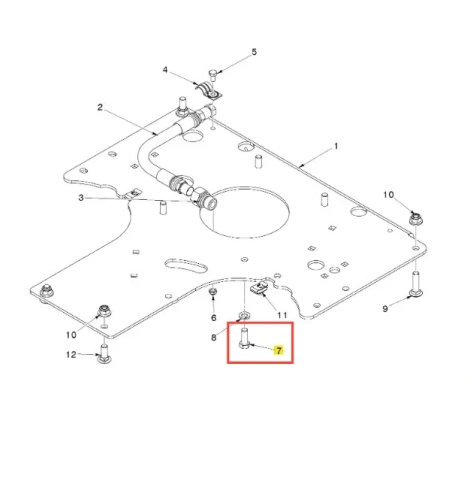 Śruba kosiarki Z448 Husqvarna w pozycji poziomej, metalowa, cylindryczna, gładka, oznaczona numerem 7, na tle części w technicznym schemacie.