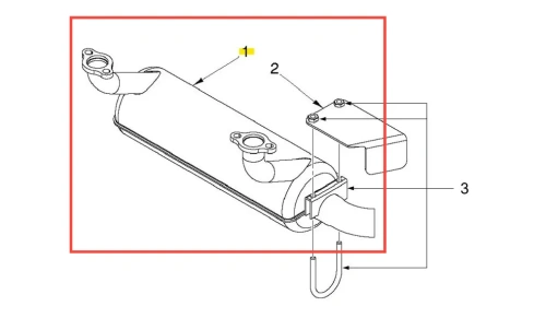 Tłumik kosiarki Husqvarna Z448 z widocznym podłączeniem do rury wydechowej. Produkt o prostokątnym kształcie, wykonany z metalu. Ujęcie z boku, ukazujące szczegóły mocowań i oznaczenia. Białe tło podkreślające elementy konstrukcyjne.
