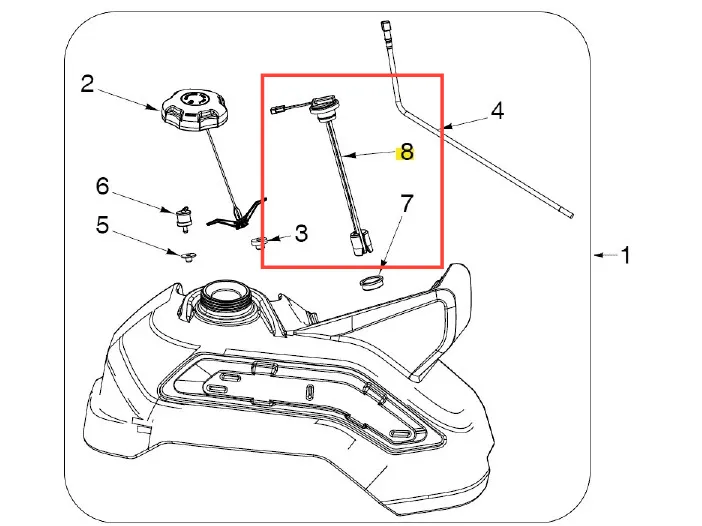 Sensor kosiarki Z448 Husqvarna, widok z góry. Część ma metalową, prostą konstrukcję z uchwytem u góry i zamocowaniem na dole. Obok widać inne elementy, jak pokrywka zbiornika. Tło białe, co podkreśla szczegóły produktu.