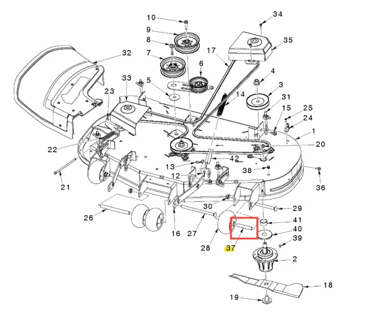 Oś kosiarki Husqvarna Z448 zerowego promienia skrętu, szary metalowy prostokątny element z otworem montażowym, widok boczny z detalami mocowania i sąsiednich części.