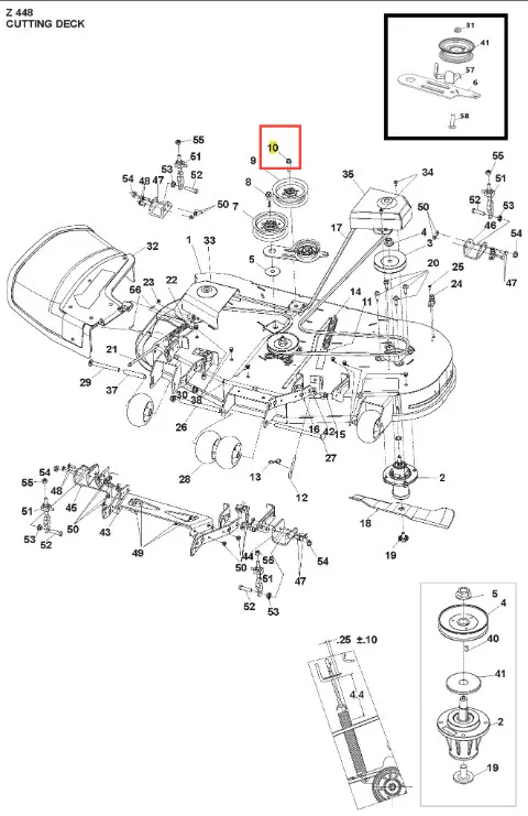 Śruba kosiarki Husqvarna Z448, metalowa, srebrna, pozioma, element 10 w schemacie, mocuje części mechanizmu tnącego.