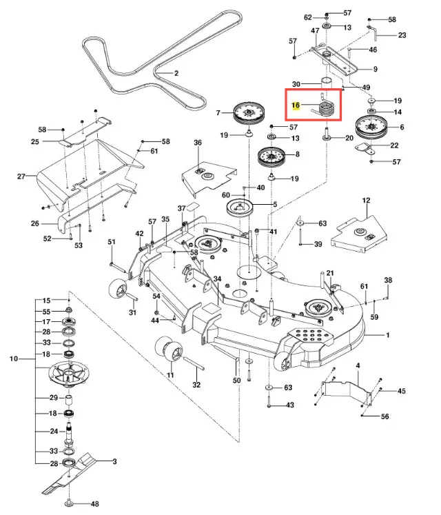 Sprężyna kosiarki o zerowym promieniu skrętu PZ 29D Husqvarna, spiralna, metalowa z widocznymi oznaczeniami na powierzchni. Ujęcie w zbliżeniu na detal sprężyny, w otoczeniu elementów kosiarki, na białym tle. Bez dodatkowych akcesoriów.