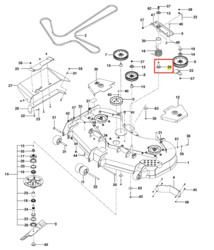 Sworzeń kosiarki o zerowym promieniu skrętu PZ 29D Husqvarna, metalowy element z cylindrycznym kształtem, umieszczony w diagramie części. Widoczny na tle innych części, w tym sprężyn i kół, z numerem oznaczającym położenie.