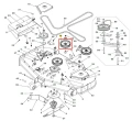 Koło pasowe kosiarki Husqvarna Z454X, metalowe, okrągłe z otworem mocującym. Widok z góry, ciemne, z oznaczeniami na gładkiej powierzchni. Minimalistyczne tło podkreśla produkt.