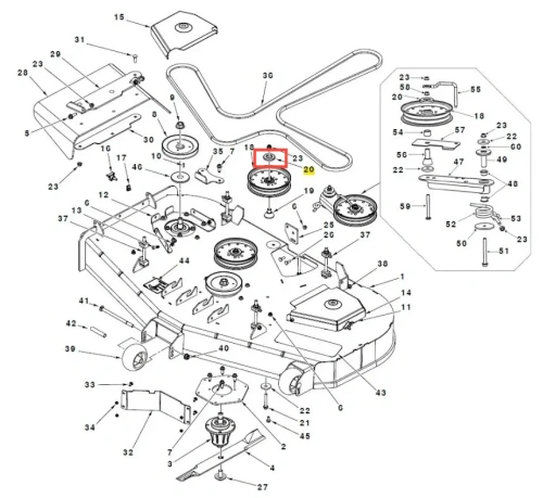 Płaska, metalowa osłona kosiarki Husqvarna Z454X z otworami montażowymi, szara, gładka, widok z góry z sąsiadującymi elementami i detalami mechanicznymi w tle.