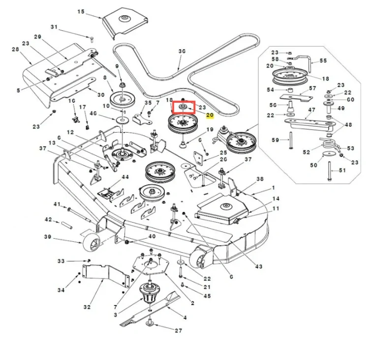 Płaska, metalowa osłona kosiarki Husqvarna Z454X z otworami montażowymi, szara, gładka, widok z góry z sąsiadującymi elementami i detalami mechanicznymi w tle.