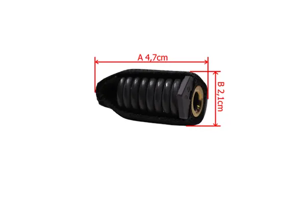Amortyzator górny przy zbiorniku paliwa pilarki Husqvarna 545/550XP, z czarnym, teksturowanym korpusem i metalowym mocowaniem. Długość 21 cm, średnica 4,7 cm. Widok z boku, ukazujący spiralne żebrowanie na powierzchni dla lepszej przyczepności.