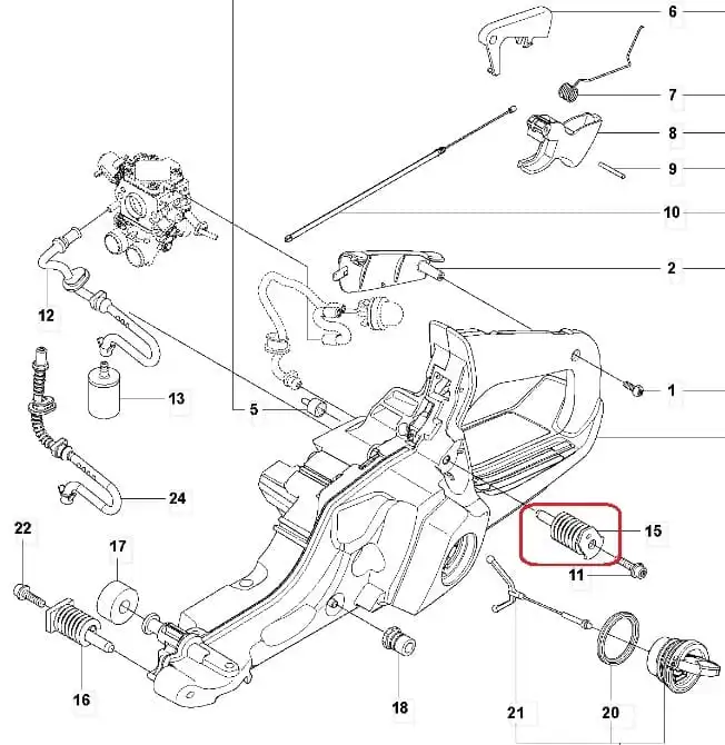 Amortyzator górny przy zbiorniku paliwa pilarki Husqvarna 545/550XP, metalowy, cylindryczny element z gwintem, widoczny w zbliżeniu, umieszczony w centralnej części schematu. Kolor srebrny, z wyraźnymi nacięciami na powierzchni oraz oznaczeniem.