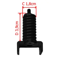 Amortyzator HARD do pilarki Husqvarna 565/572XP/XPG, czarny, spiralny kształt. Długość 3,9 cm, średnica 1,8 cm. Widok z góry, zamontowany w uchwycie. W solidnej konstrukcji, gotowy do użycia.