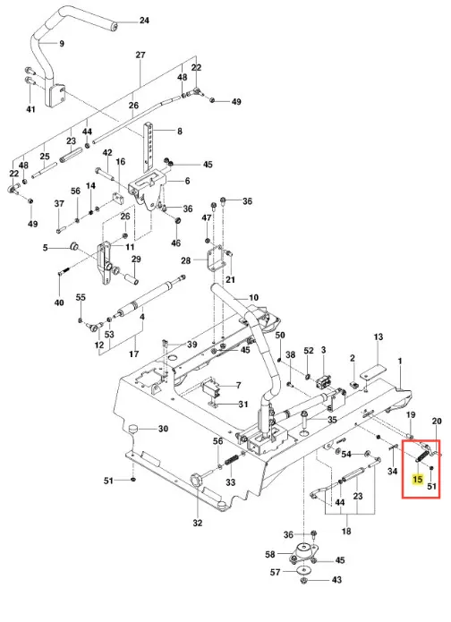 Sprężyna kosiarki Husqvarna PZ 29, metalowa, prostokątna, z otworami montażowymi, widok z góry na neutralnym tle, nowa. Numer 15 w czerwonym prostokącie, część do urządzeń ogrodniczych.