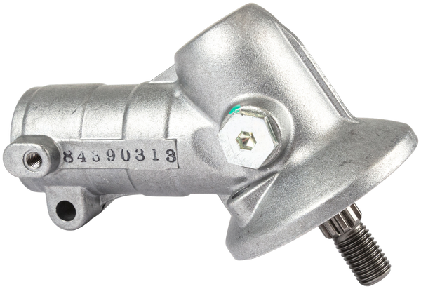 Przekładnia do podkaszarki Husqvarna 525iLXT w kolorze metalicznym, wykonana z aluminium, z widocznymi numerami i mocowaniem gwintowanym. Produkt widoczny pod kątem, z boku, prezentujący detale konstrukcji i mocowania.