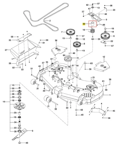 Tulejka kosiarki PZ 29D Husqvarna, metalowa, srebrna, cylindryczna z rowkami spiralnymi. Przedstawiona frontalnie na przezroczystym tle, element regulowanego mocowania w kosiarkach.