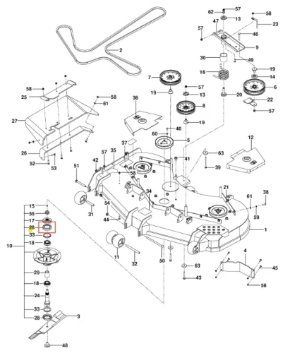 Podkładka kosiarki PZ 29D Husqvarna, widoczna z boku na białym tle, metalowa z ziarnistą powierzchnią, z otworami mocującymi i oznaczonymi numerami części, dużą podstawą z gniazdami do montażu.