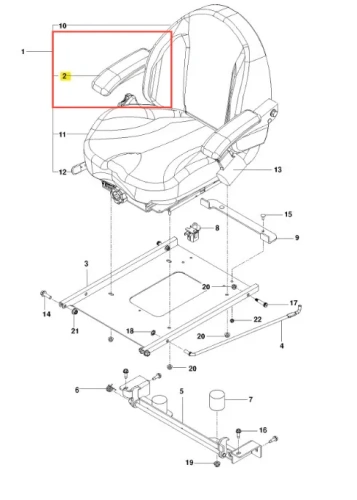 Podłokietnik kosiarki PZ 29 Husqvarna w kolorze czarnym, wykonany z tworzywa sztucznego. Ujęcie z boku, ukazujące profil oraz kształt podłokietnika. Element zamocowany na siedzeniu, z oznaczeniem numeru 2. Tło białe, w kontekście montażu.