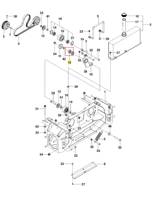 Łożysko kosiarki o zerowym promieniu skrętu PZ 29 Husqvarna, stalowe, z elementami metalowymi, przedstawione z boku. Detaile obejmują otwory montażowe oraz nr katalogowy. Tło neutralne, umożliwiające wyraźne widzenie detali produktu.