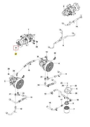 Nakrętka kosiarki o zerowym promieniu skrętu PZ 29 Husqvarna, metalowa, w kształcie okrągłym z gwintem. Widoczna w centralnej części schematu montażowego, który przedstawia różne elementy silnika. Kolor srebrny, czytelny numer katalogowy 27.