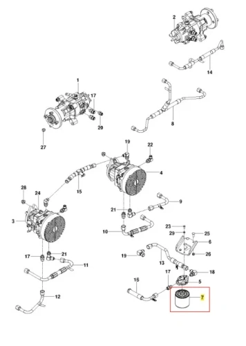 Cylindryczny biały filtr oleju Husqvarna PZ 29, zamontowany w jasnoszarej części kosiarki o zerowym promieniu skrętu, widoczna etykieta z numerem katalogowym i szczegóły mocowania na boku.