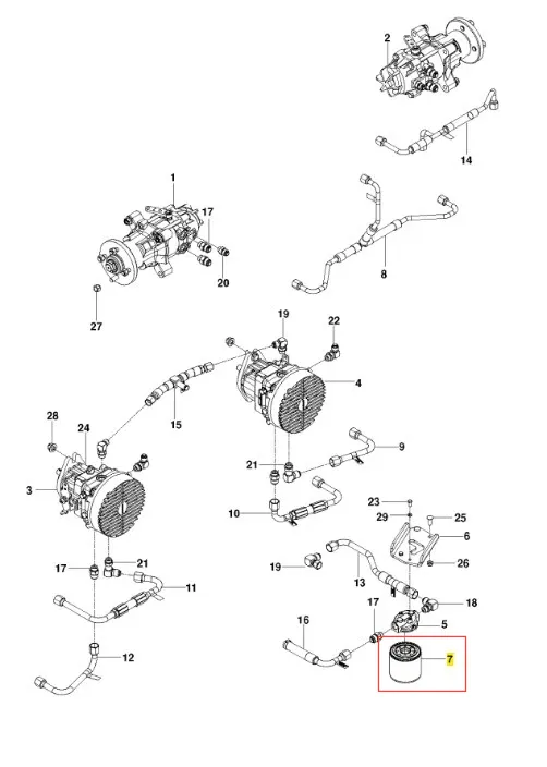 Cylindryczny biały filtr oleju Husqvarna PZ 29, zamontowany w jasnoszarej części kosiarki o zerowym promieniu skrętu, widoczna etykieta z numerem katalogowym i szczegóły mocowania na boku.