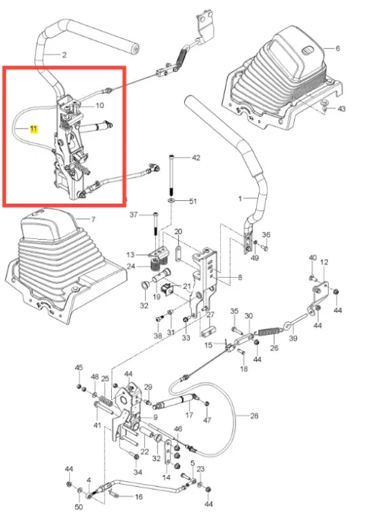 Linka kosiarki Husqvarna Z560X na centralnym planie, wykonana z trwałego materiału, długa dla precyzyjnego manewrowania. Widoczne mocowania i szczegóły, w tle schemat części kosiarki.