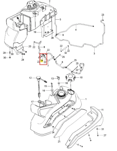 Zawór paliwa do kosiarki Z560X firmy Husqvarna w kolorze czarnym i szarym, z widoczną pokrywą, mocowaniami oraz napisami. Ujęcie z boku, prezentujące szczegóły instalacji z opisaną częścią 14. Tło proste, ułatwiające rozpoznanie elementów.