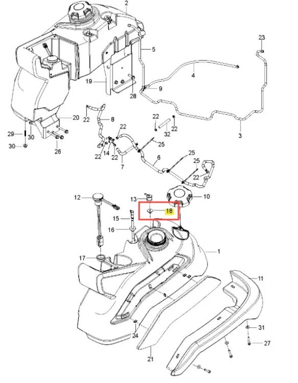Pierścień uszczelniający kosiarki Husqvarna Z560X w kształcie okrągłym, wykonany z elastycznego materiału, kolor czarny. Widoczny z boku, w detalu na schemacie, oznaczony jako element nr 18. Idealny do zabezpieczenia przed wyciekami.