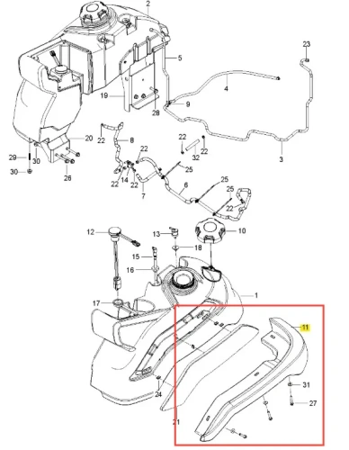 Lewa osłona kosiarki Z560X Husqvarna, wykonana z wytrzymałego plastiku, w kolorze czarnym. Ujęcie z boku, pokazujące profil osłony z widocznymi mocowaniami i wypustkami. Produkt leży na jednolitym tle, co podkreśla jego kształt i detale.