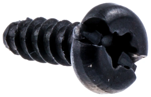 Czarna śruba do robota koszącego z krzyżowym łbem i spiralnym gwintem, idealna do Husqvarna Automower 310E. Detal powierzchni i kształtu widoczny z bliska.