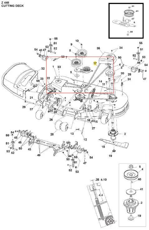 Pasek kosiarki o zerowym promieniu skrętu Z448 Husqvarna widoczny z góry, z detalem widocznym w centrum. Szary element z metalowymi mocowaniami, z numerami części na przyrządzie. Prosta, biała tło podkreśla szczegóły produktu.