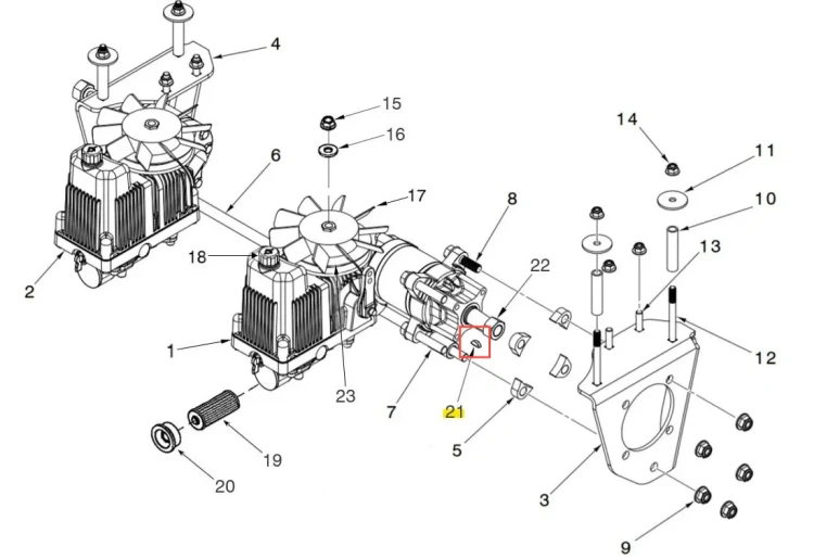Schemat klucza kosiarki Husqvarna Z448 o zerowym promieniu skrętu, ukazujący silnik, wirnik, uszczelki, mocowania i numery części na białym tle z góry.