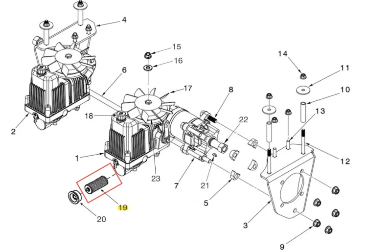 Filtr oleju do kosiarki Husqvarna Z448, widoczny na zdjęciu, w kolorze czarnym, cylindrycznym kształcie. Ujęcie w zbliżeniu na detal przedstawiający strukturę filtra. W tle widoczna część silnika kosiarki w układzie montażowym.