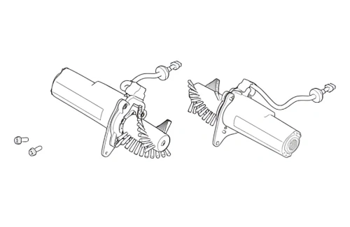 Zestaw szarych szczotek do robota koszącego CEORA 544 EPOS Husqvarna z dwoma mocowaniami i dwiema śrubami, widok boczny na jednolitym tle.