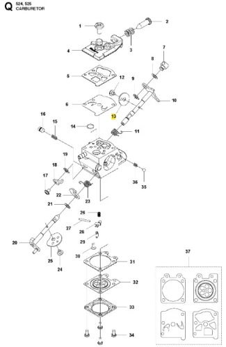 Zawór podkaszarki Husqvarna 525LK, widok boczny, rozłożony, na białym tle. Widać metalowe elementy, uszczelki, mocowania oraz widoczne numery części, bez logo.