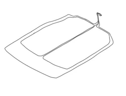 Instalacja elektryczna robota koszącego Automower 310E NERA Husqvarna, metalowa, w kształcie prostokąta z cienkimi przewodami. Widok z góry, produkt leży płasko. W zestawie widoczny element montażowy. Tło jednolite, szare.