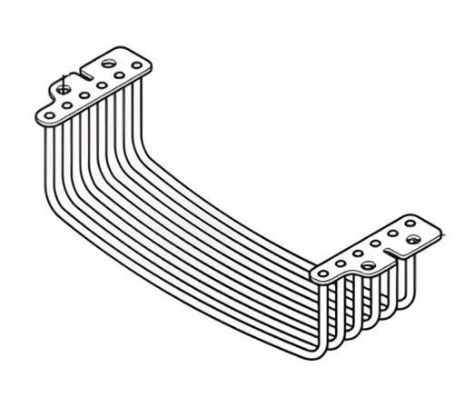Osłona do Automower 310E NERA Husqvarna, czarna, łukowata, z trwałego materiału. Widok boczny z uchwytami i otworami montażowymi. Do użytku w ogrodzie.