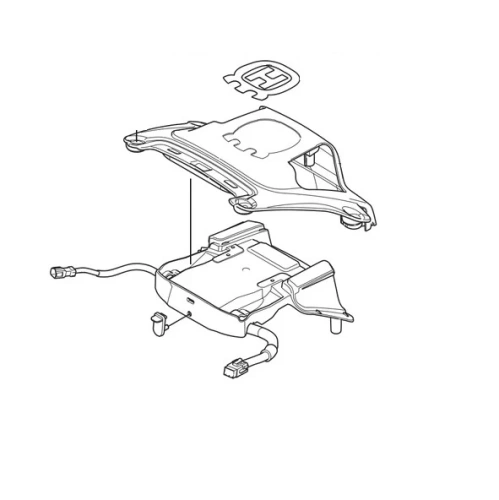 Pokrywa robota koszącego Automower 310E NERA Husqvarna w widoku z góry, ukazująca górną część i dolną podstawę oraz logo Husqvarna. Elementy montażowe widoczne z boku z przewodem elektrycznym. Przeznaczona do ochrony części robota.